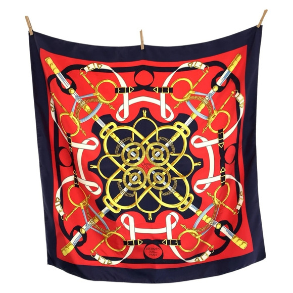 HERMES Accessories - HERMES Hermes Golden Spur Carre 90 Red Navy Silk Scarf Muffler for Women